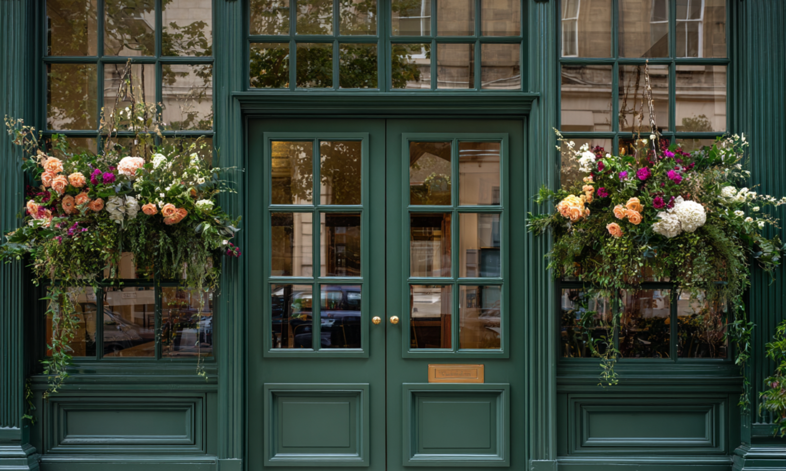 a shop front with flowers, focus on the front door