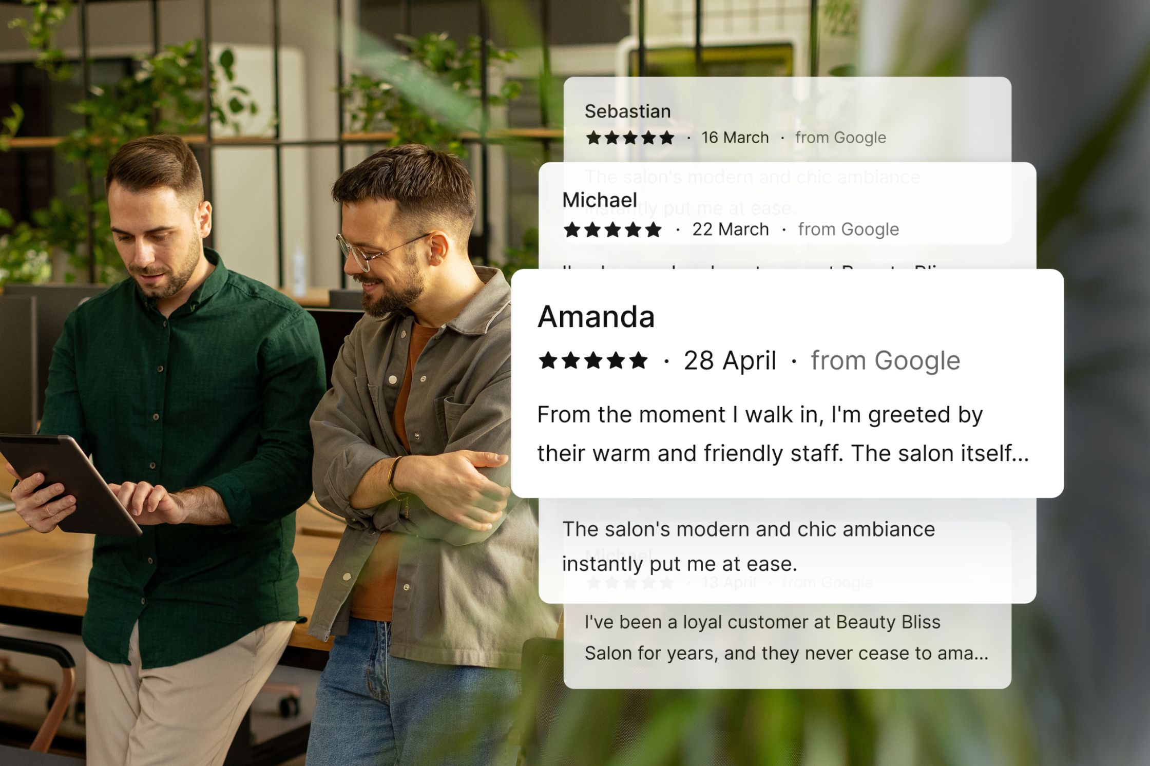 two men speaking on left, on the right reviews