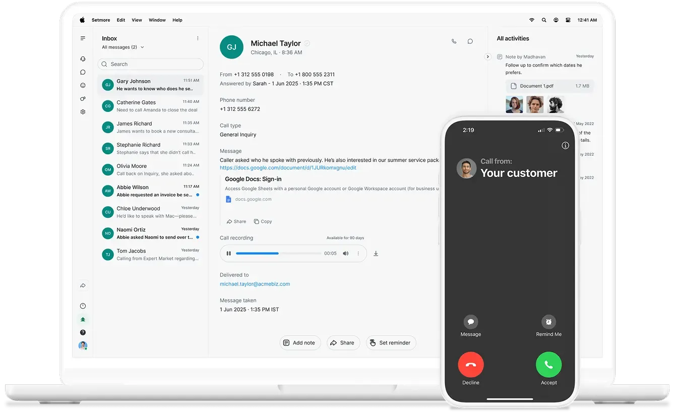 phone and laptop, phone showing 'Your customer' is calling, laptop showing 'Inbox' within the Setmore app