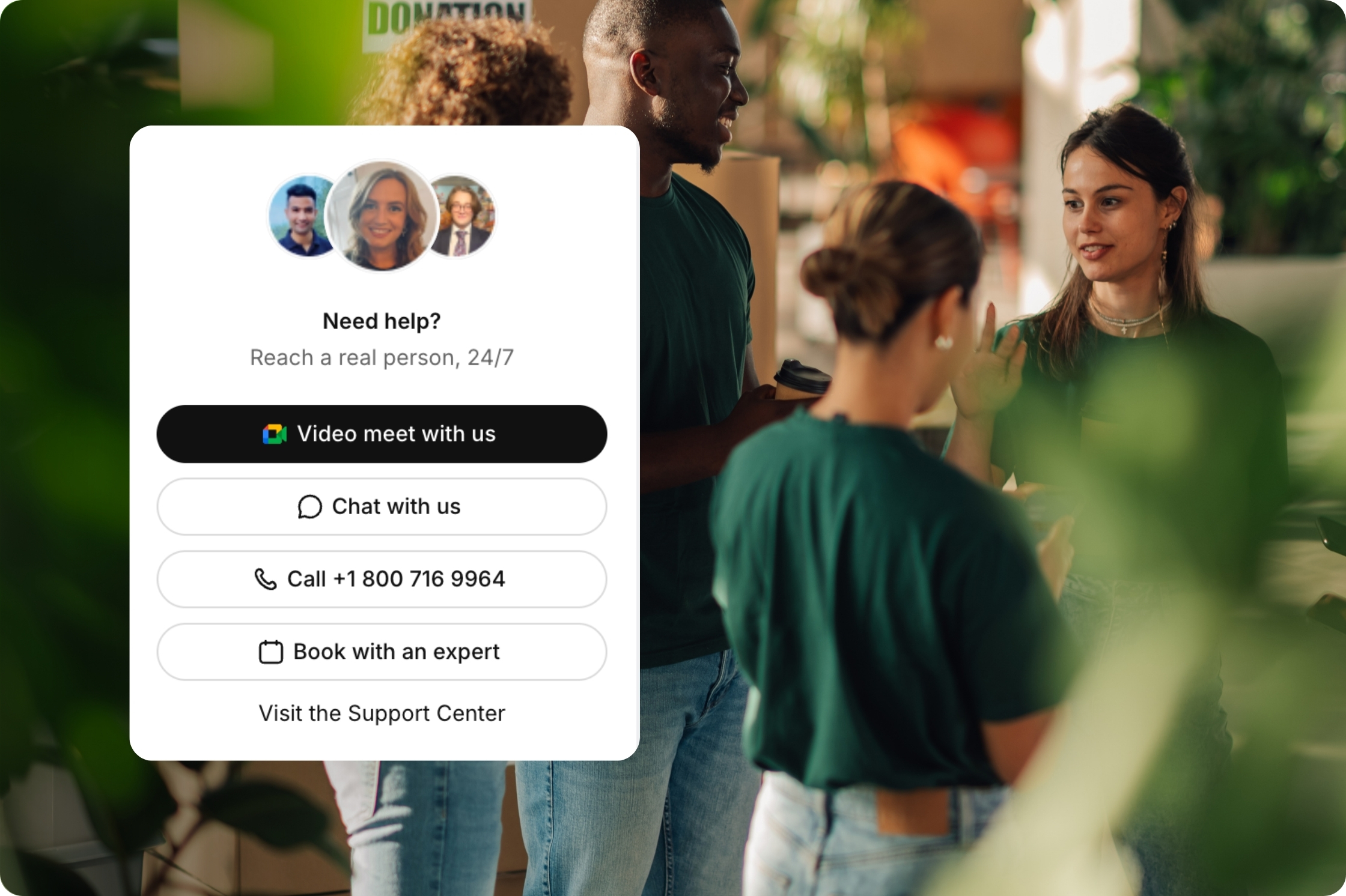 in-app support access UX showing on the left, group of people on the right