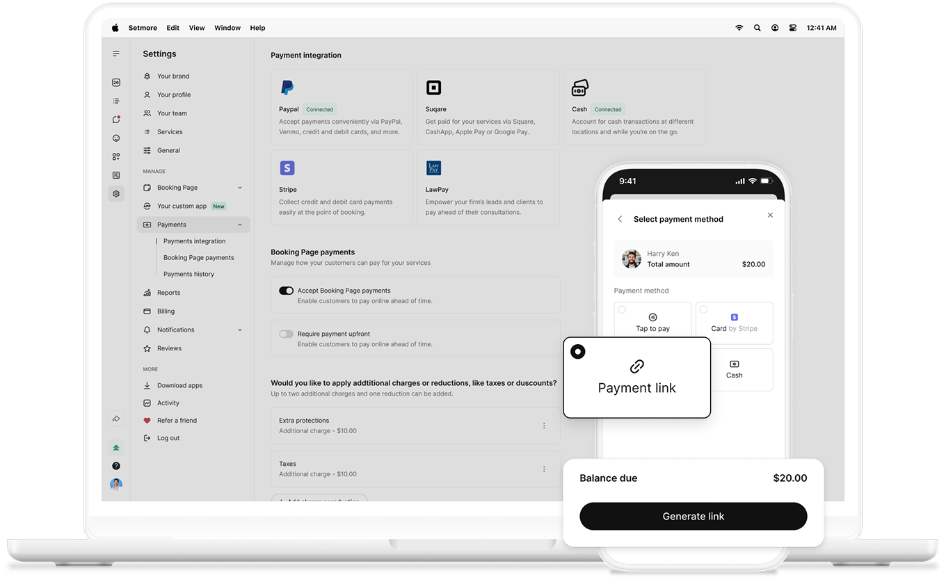 setmore payment link UI preview