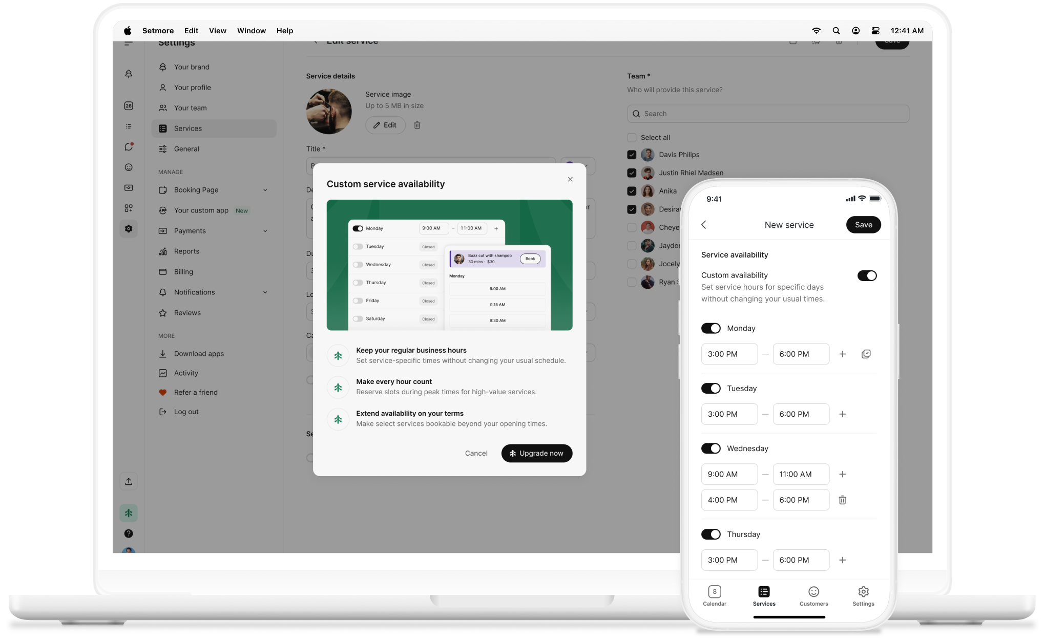 custom service availability setup screens