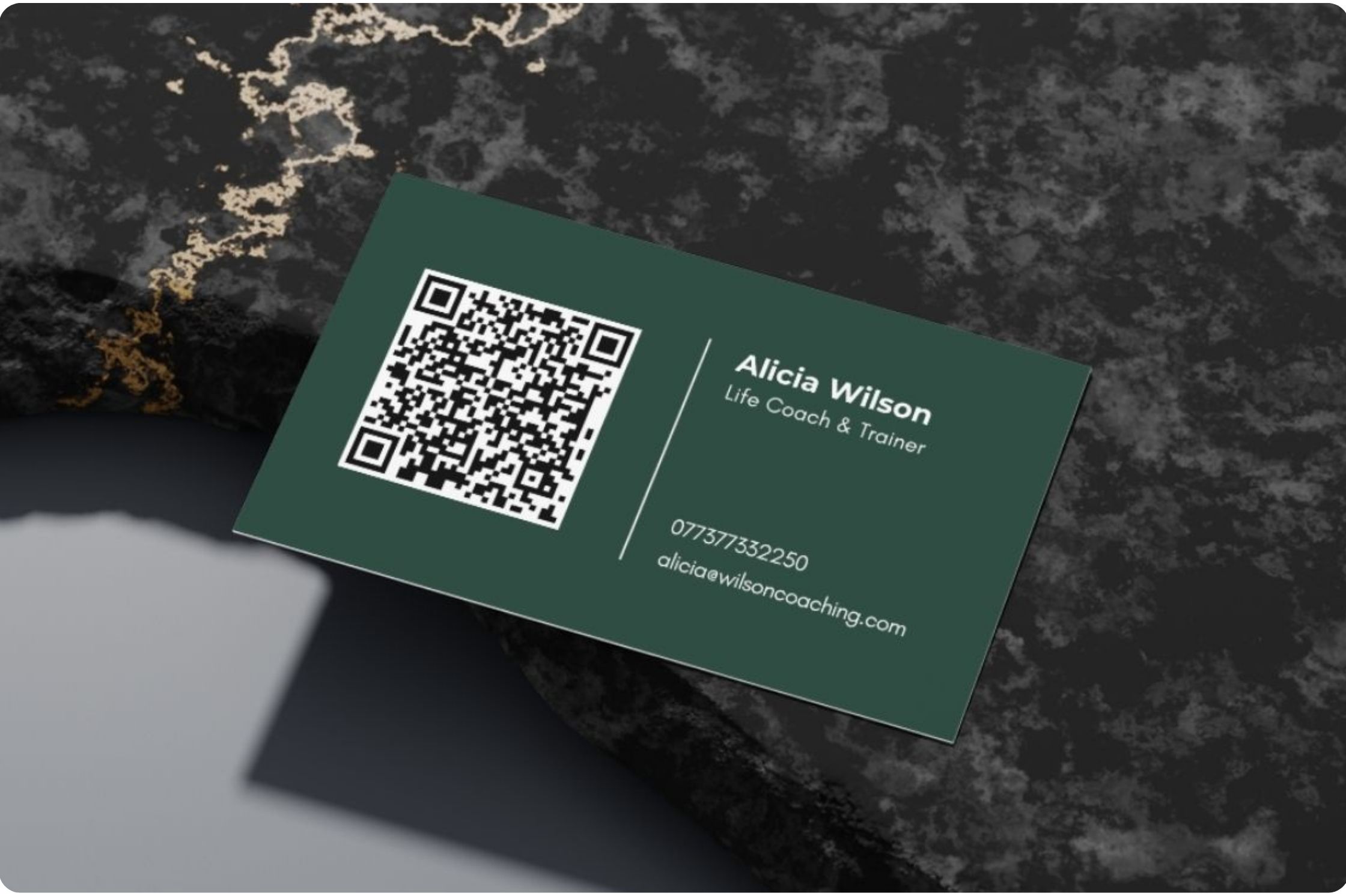 business card, setmore QR code on left, customer details on right 
