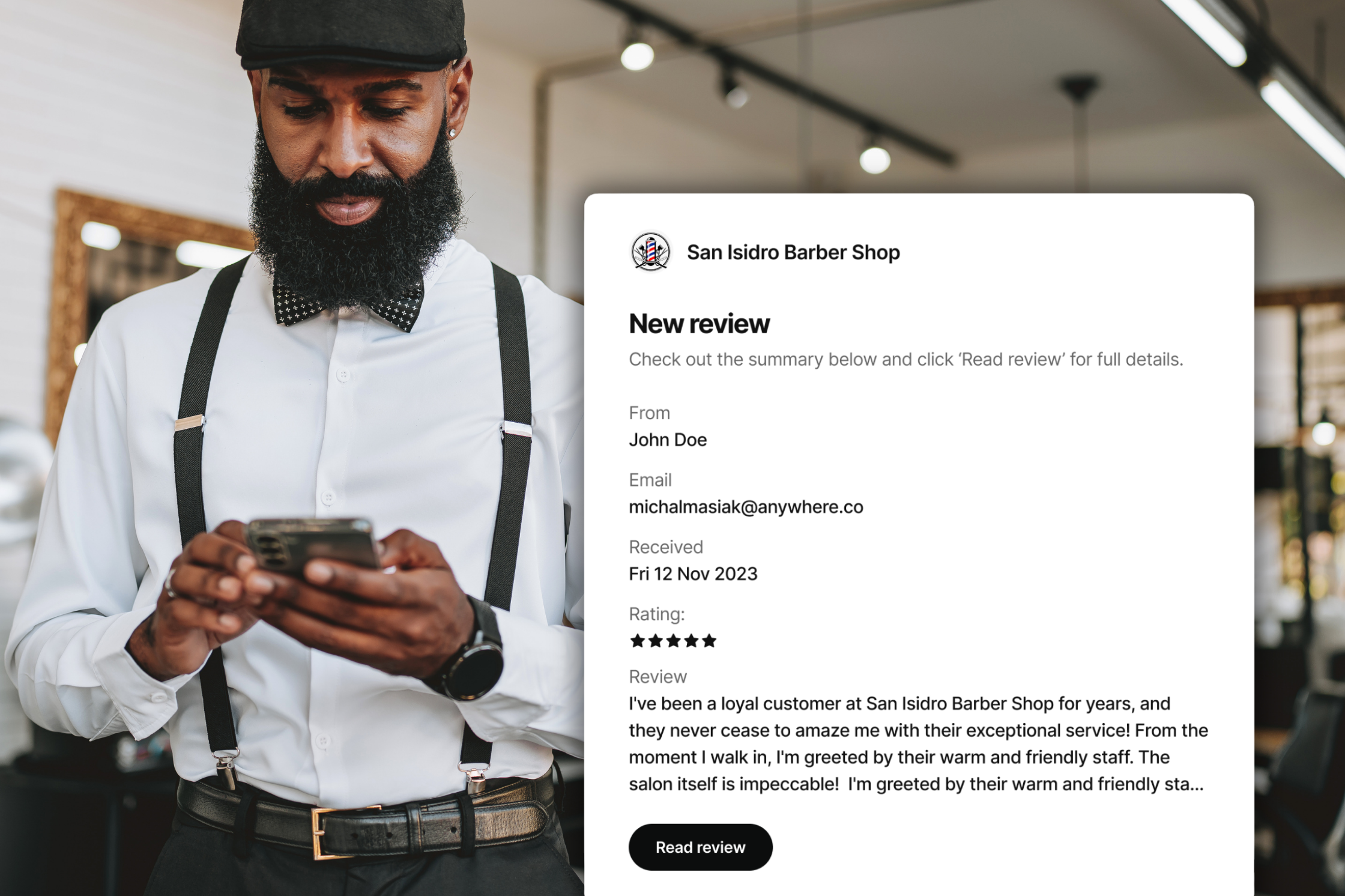man on phone to the left, email review notification example to the right