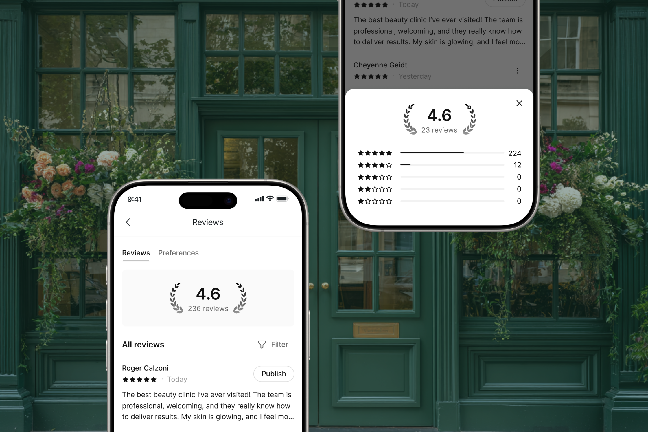 two phones, both showing how reviews are shown on the Setmore Booking Page