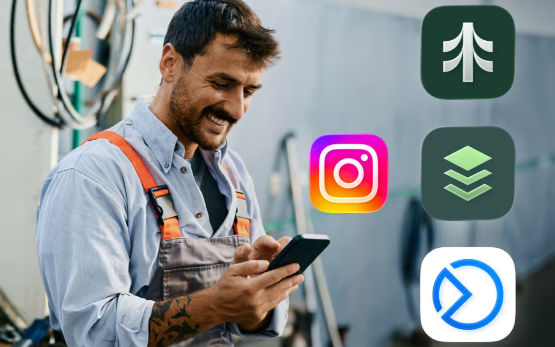Man looking at phone with instagram, setmore