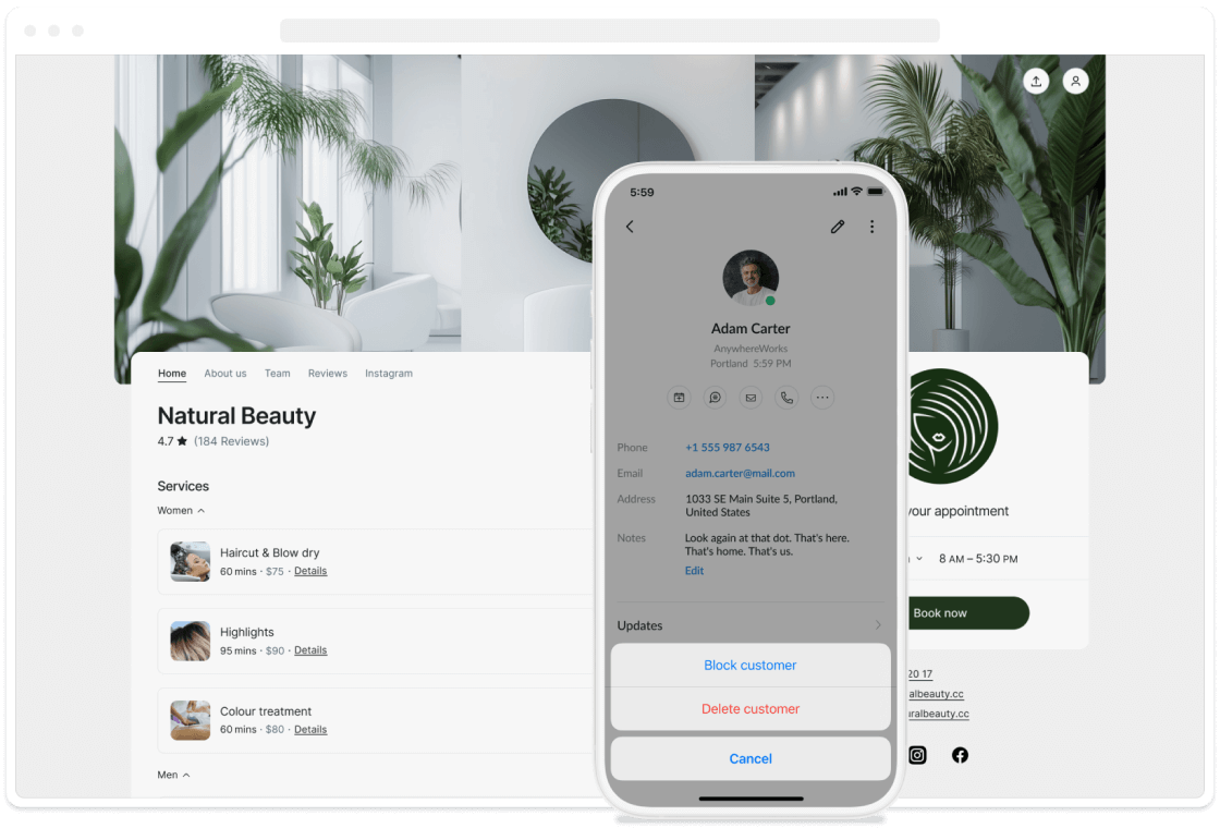 booking page preview with block customer modal