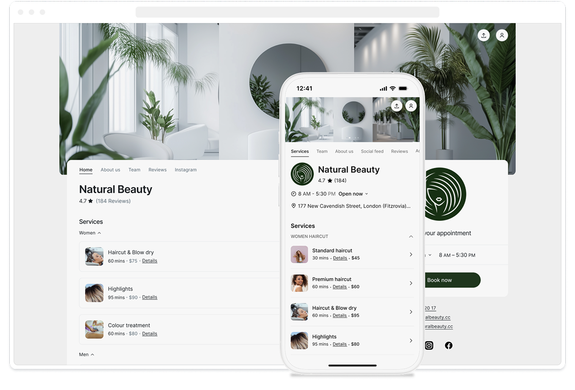 booking page preview with services list