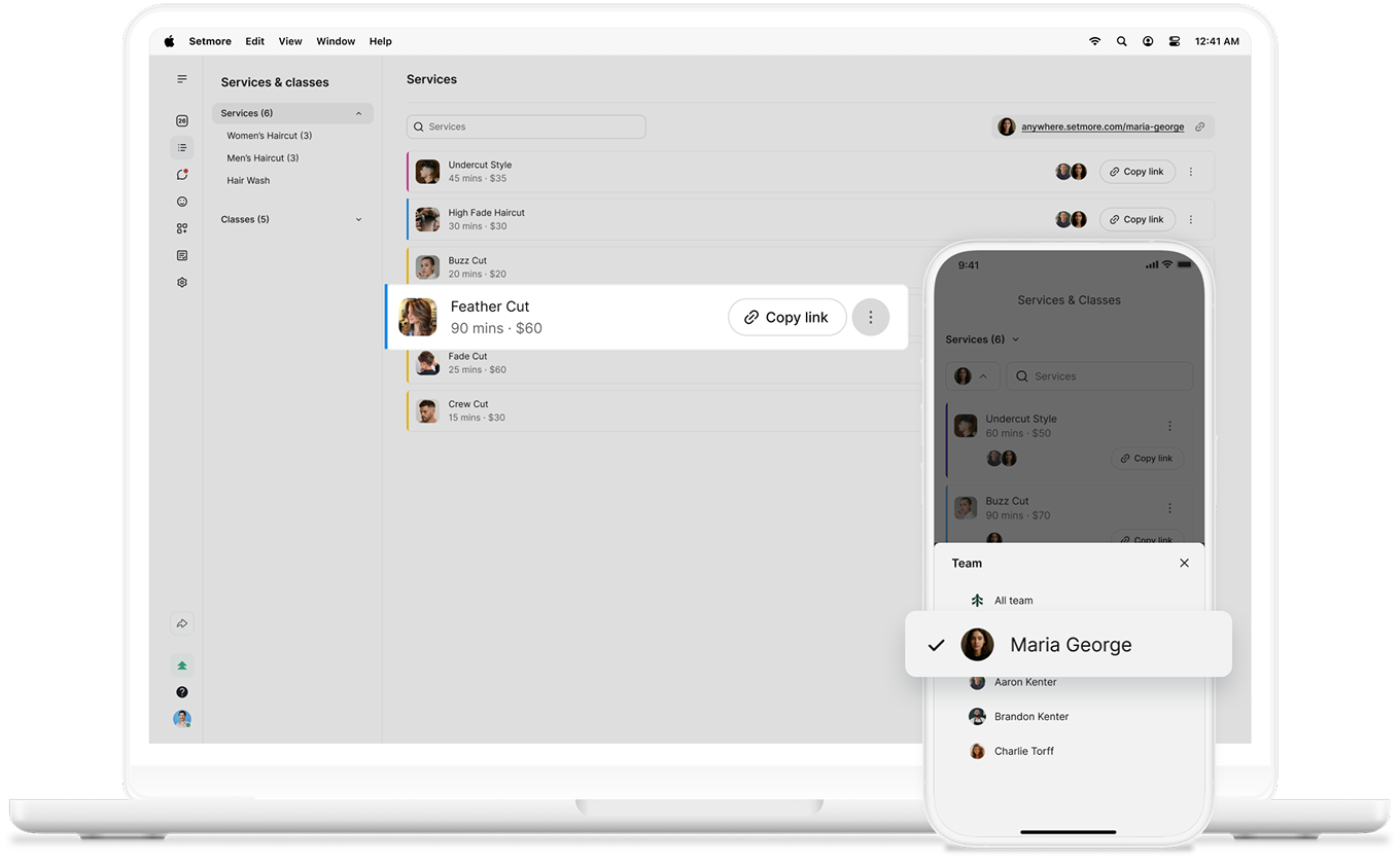 setmore direct booking link on desktop and mobile