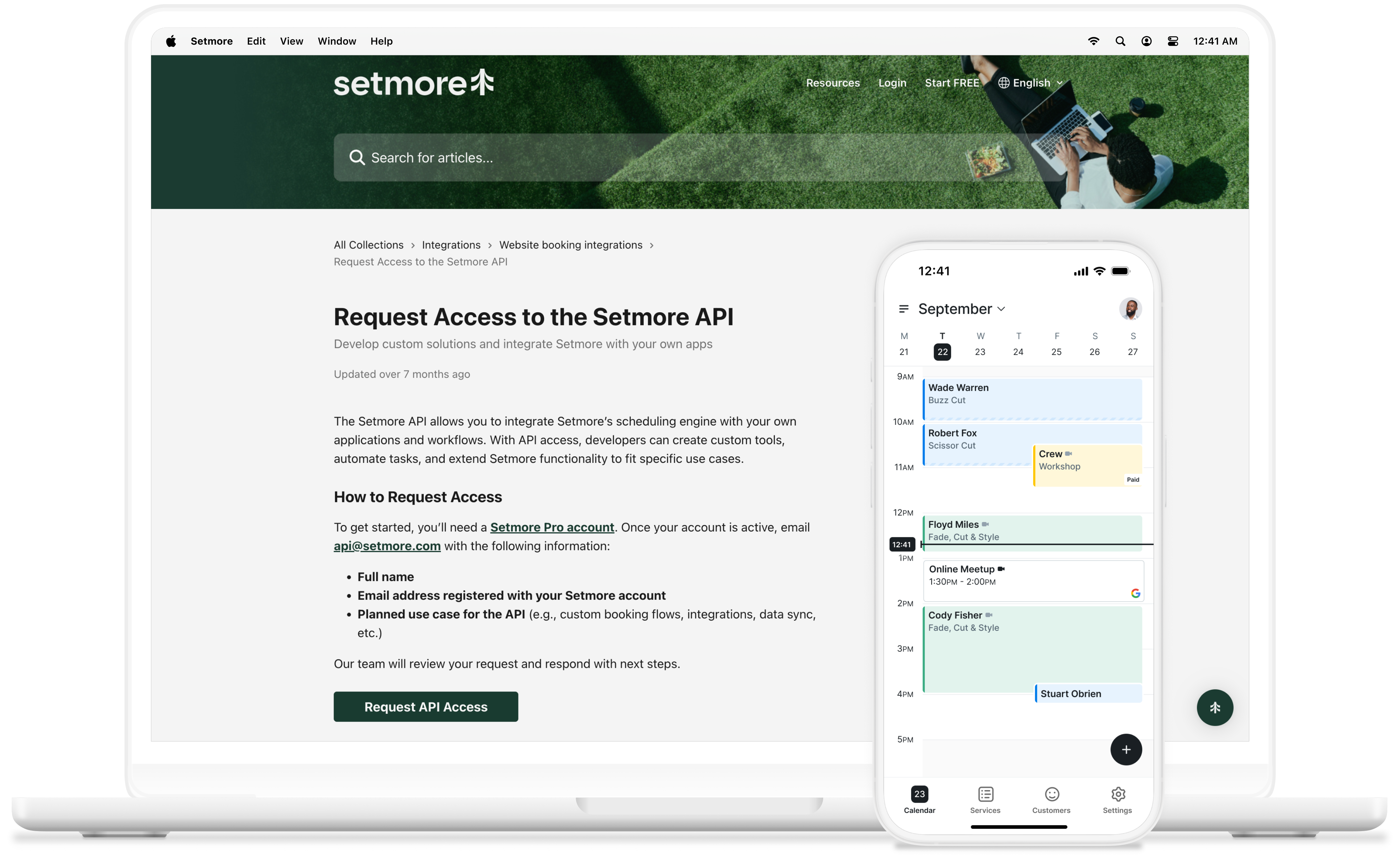 setmore api doc and mobile calendar mockup