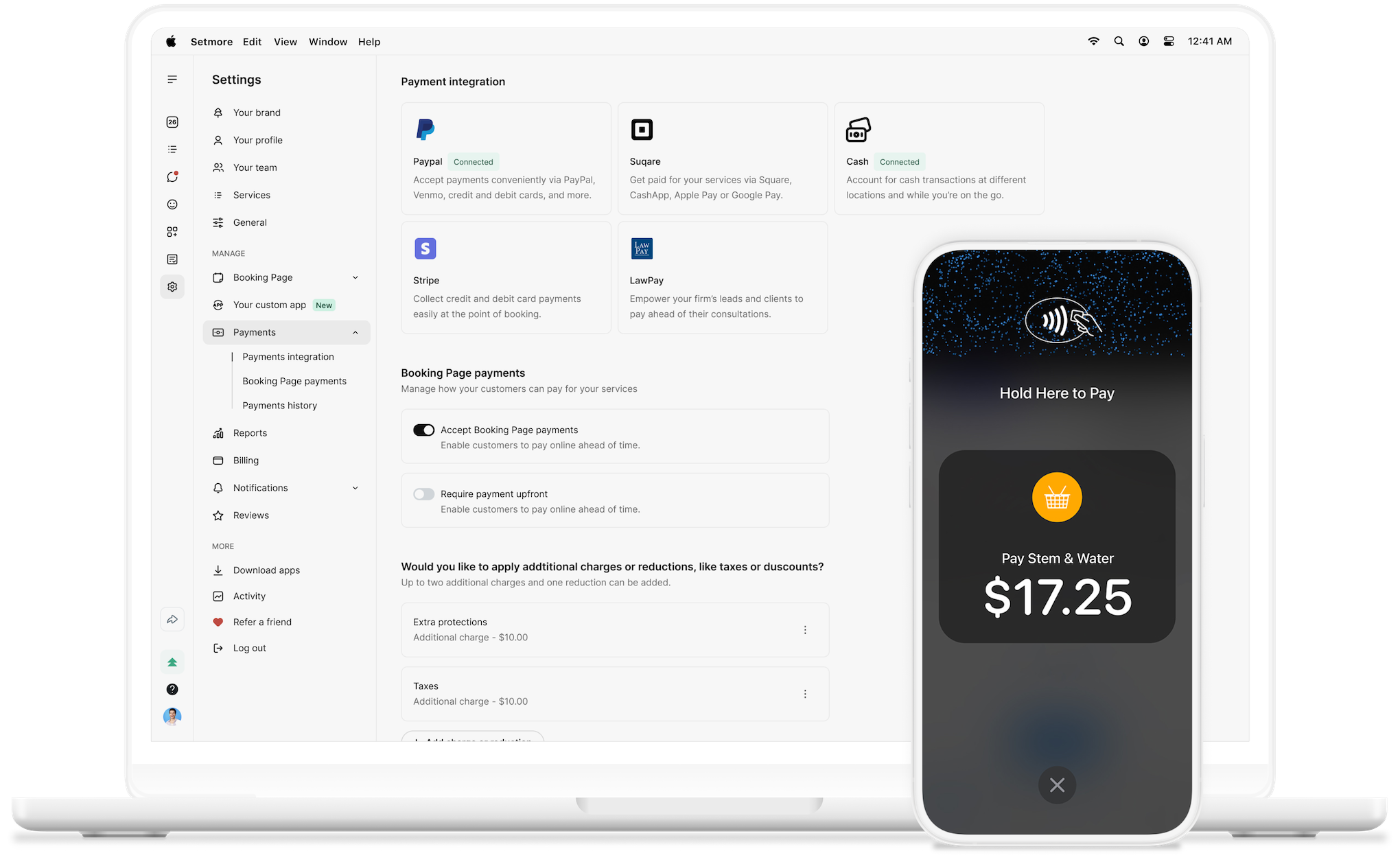 setmore payments settings and tap to pay screen
