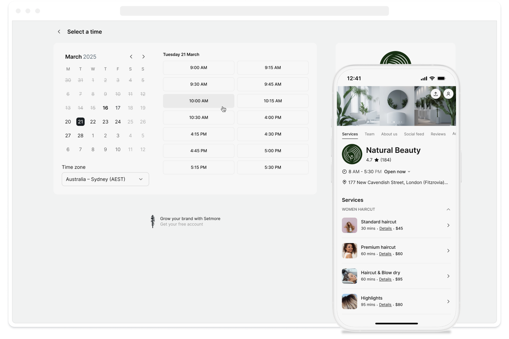 booking page preview with services list
