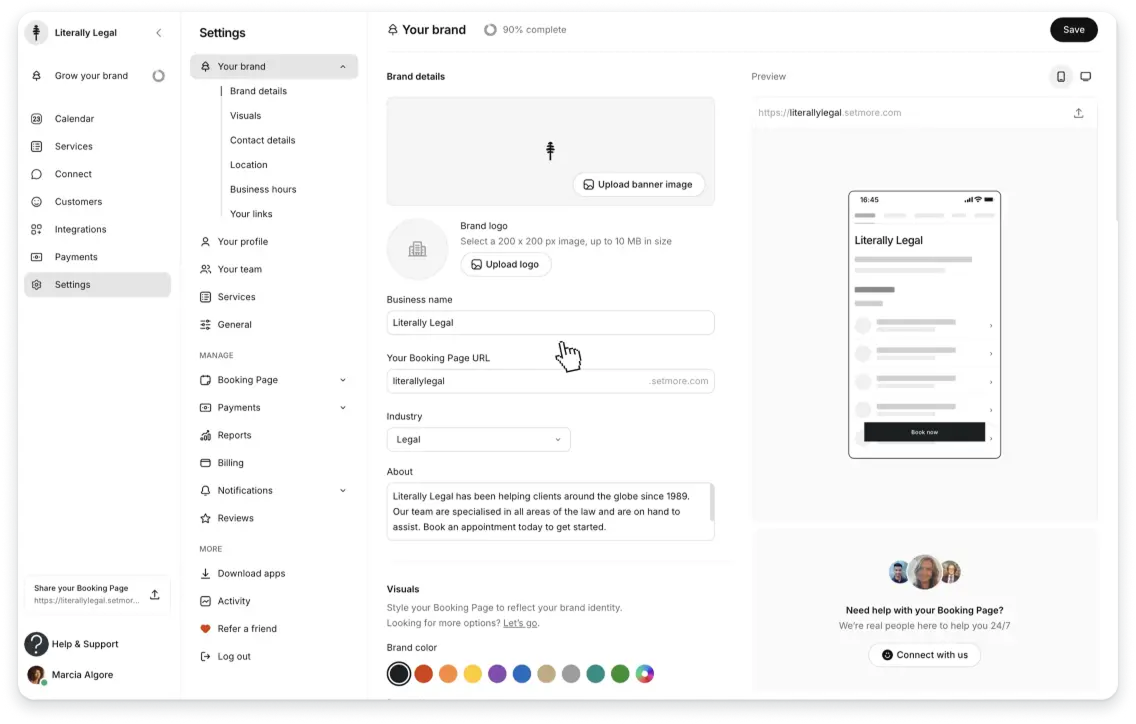 customize booking page settings screen